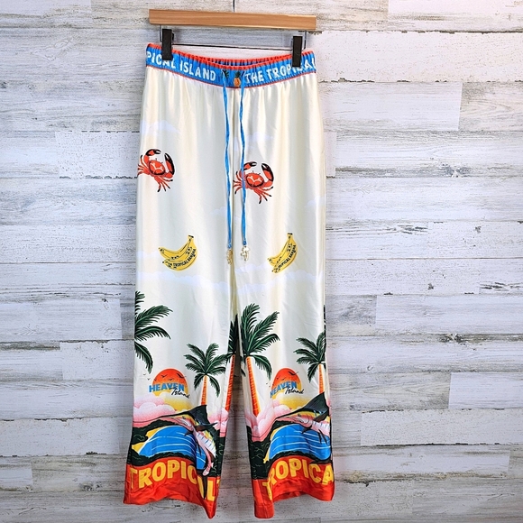 Joie Tropical Satin Wide Leg Pants S Sea Inspired Statement Maximalism Beachy - Picture 3 of 16